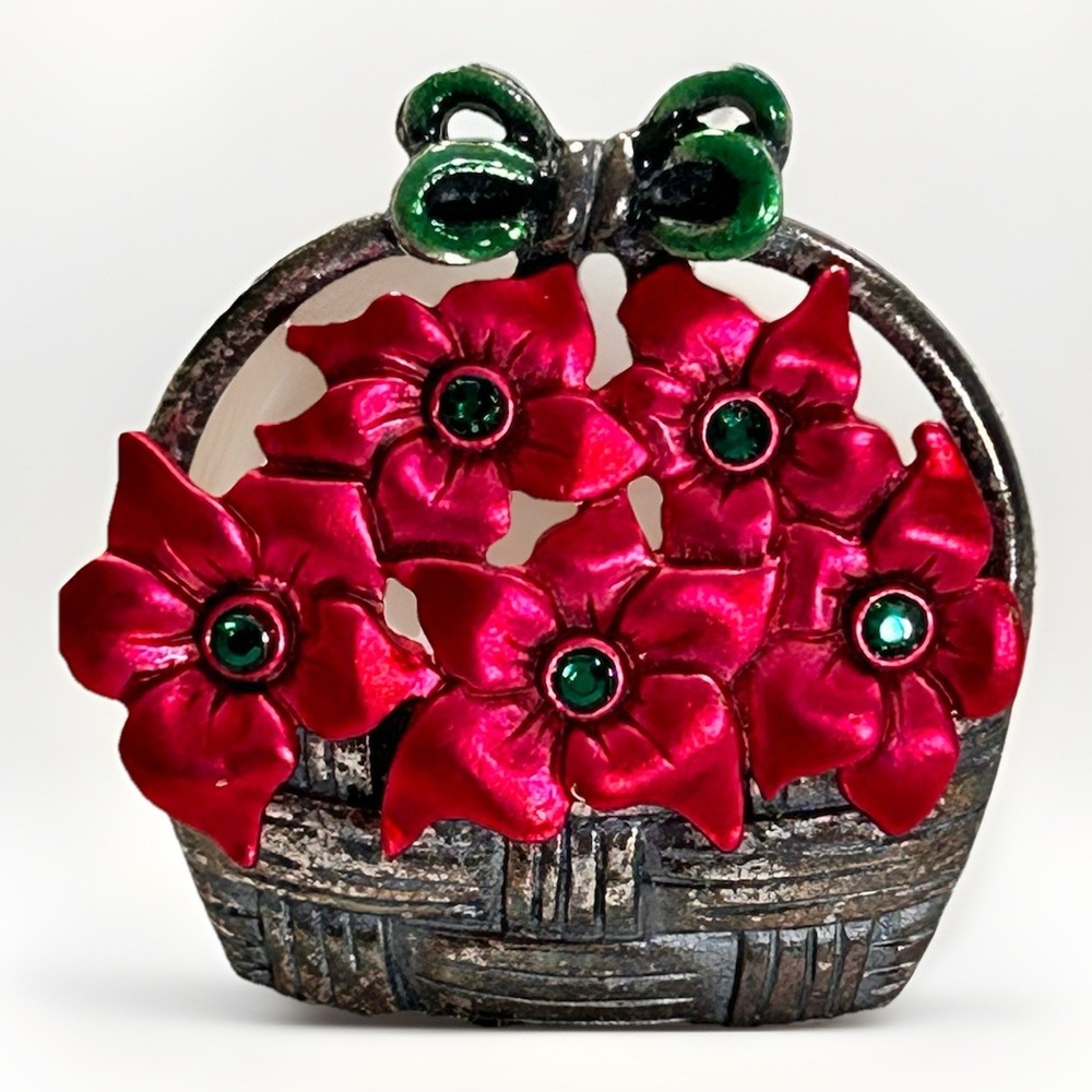 kenneth cole brooch Poinsettias Basket Silver Tone Red Green Vtg